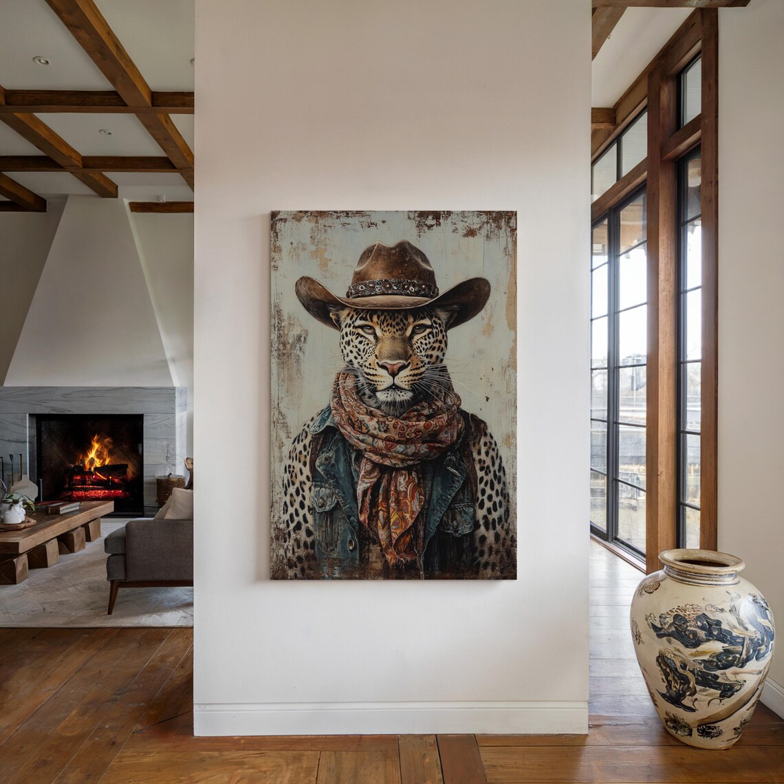 Western Leopard Portrait Cowboy Hat Bandana Vintage Style Poster - Image 4