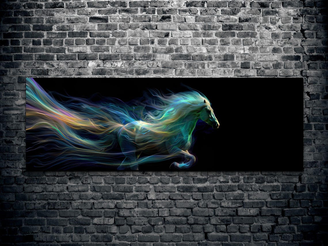 Neon Rainbow Mane Running Horse on Black Panoramic Art Poster - Image 2