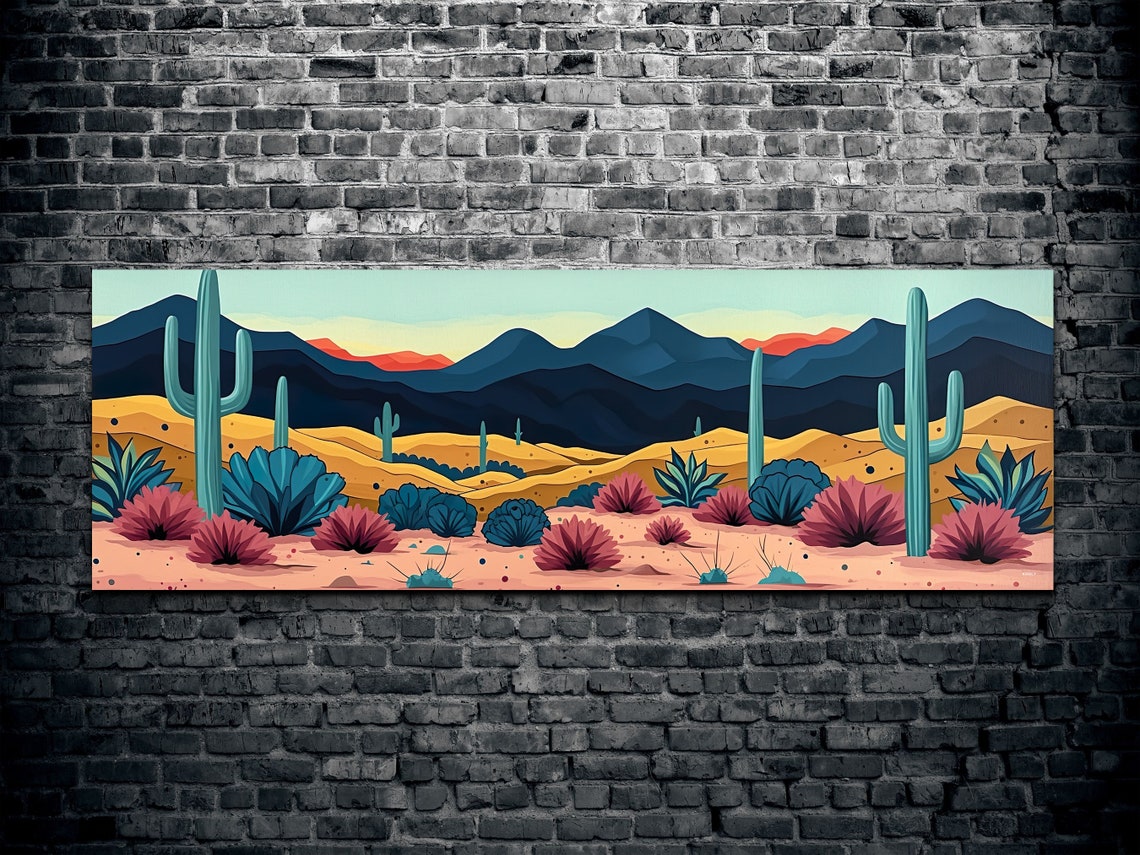 Panoramic Desert Cactus Colorful Pink Blue Modern Decor Wall Art - Image 2