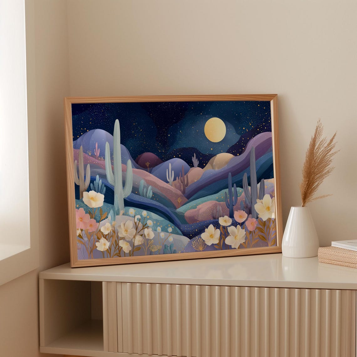 Moonlit Desert Night with Saguaro Cacti and Wildflowers Wall Art