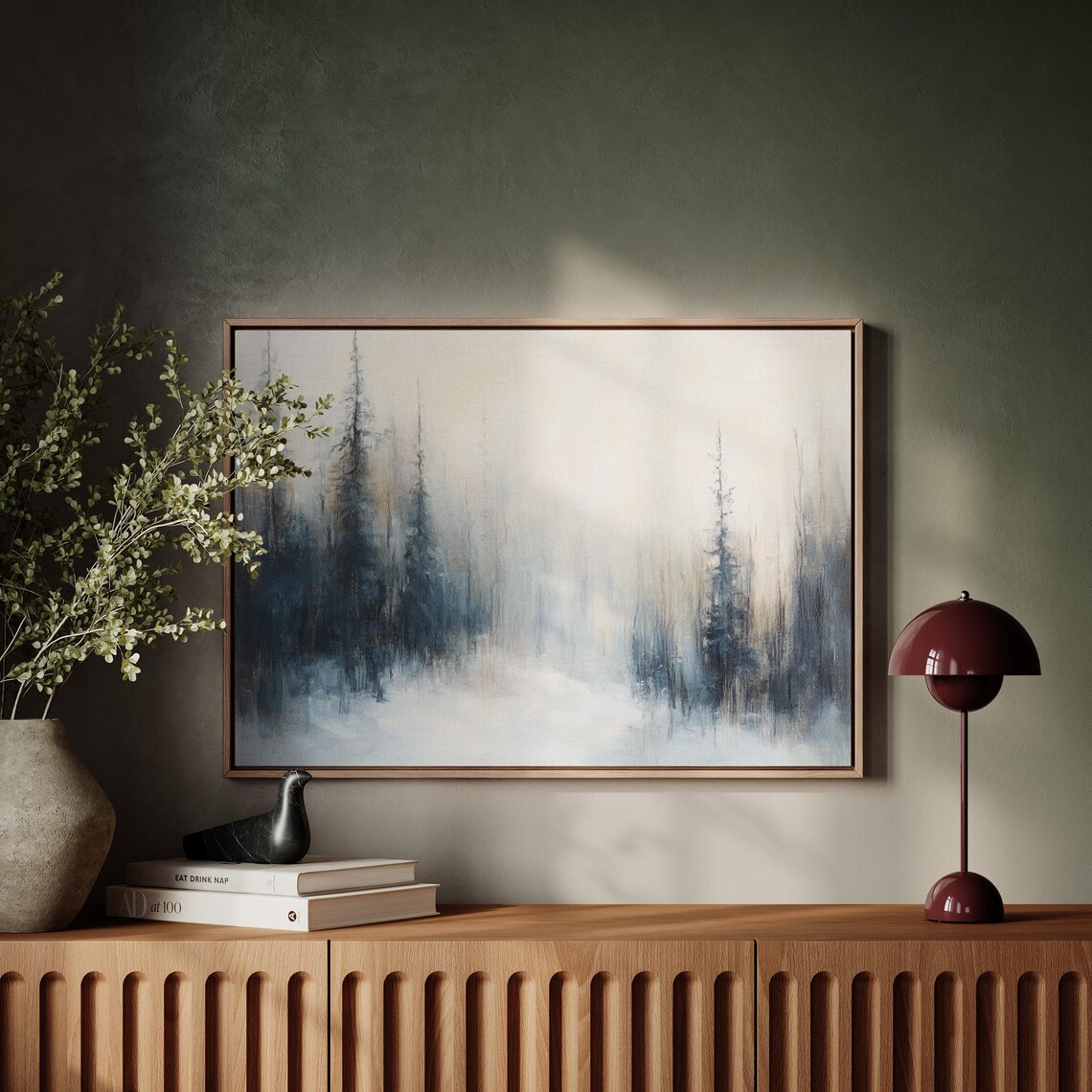 Snowy Winter Path Through Serene Pine Forest Blue Minimalist Landscape Poster