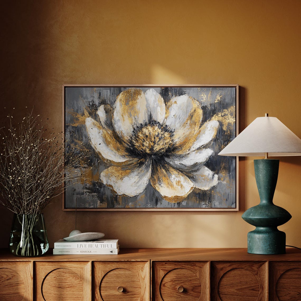 White Gold Abstract Flower Gray Textured Oil Painting Style Poster - Image 4