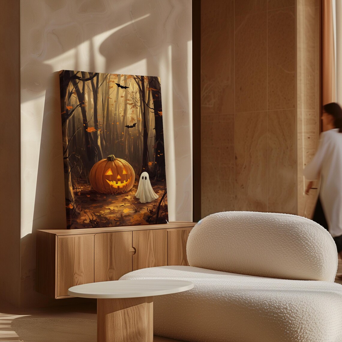 Jack O Lantern And Ghost In Autumn Forest With Bats Halloween Poster - Image 4