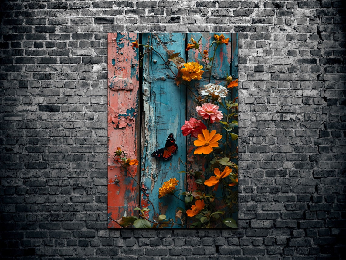 Weathered Blue Wood Floral Butterfly Garden Botanical Wall Art - Image 2