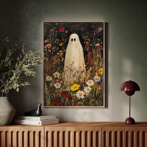 Gentle Sheet Ghost Among Bright Wildflowers in a Meadow Poster