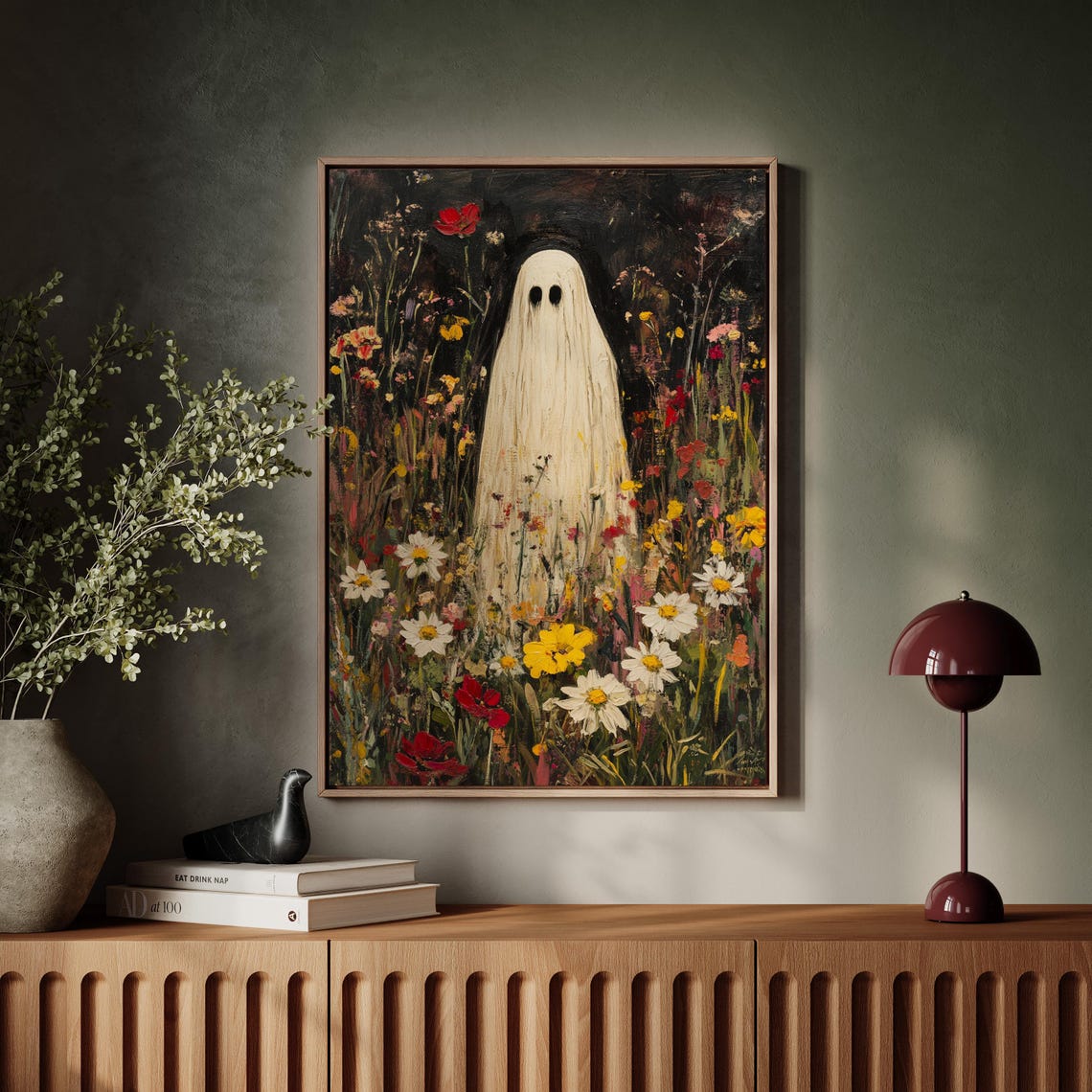 Gentle Sheet Ghost Among Bright Wildflowers in a Meadow Poster