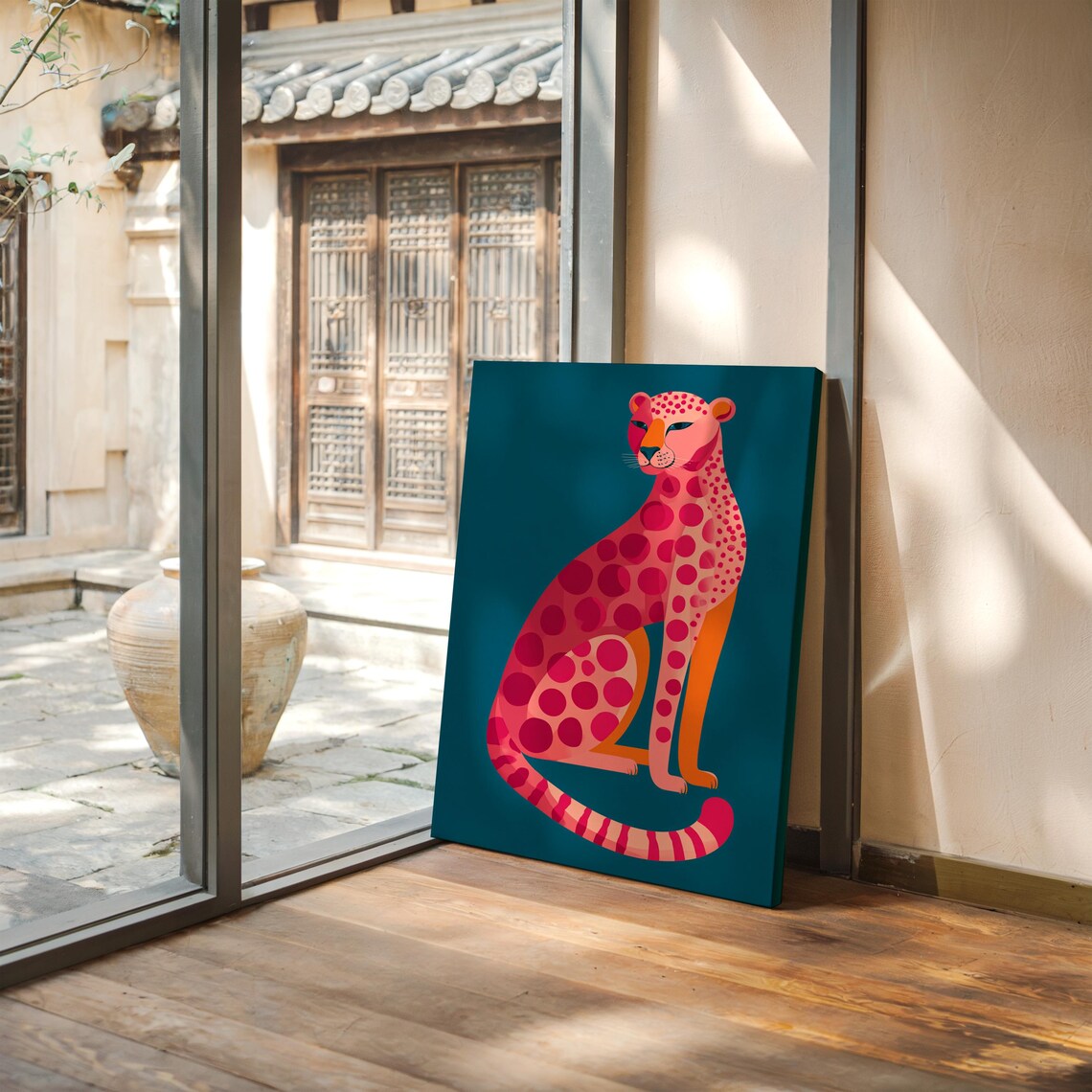 Vibrant Pink Leopard Pop Art on Teal Art Print