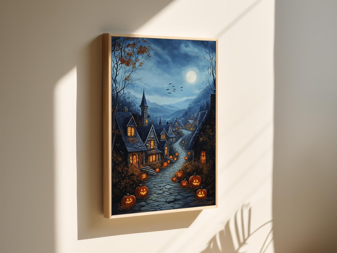 Halloween Village Jack O Lanterns Haunted Lane Full Moon Wall Art Print - Image 3