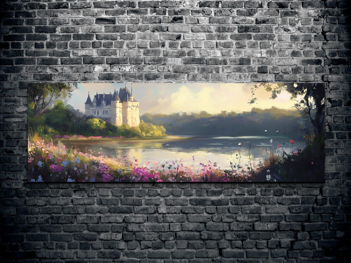 Fairytale Castle By The Lake Wildflower Meadow Panoramic Art Poster - Image 2