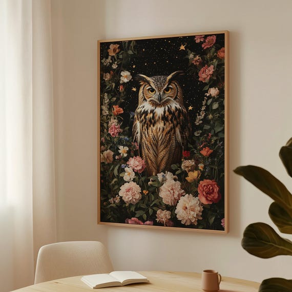 Majestic Owl In Floral Garden Nocturnal Wildlife Wall Art Vintage Inspired Nature Starry Night Owl Art Print