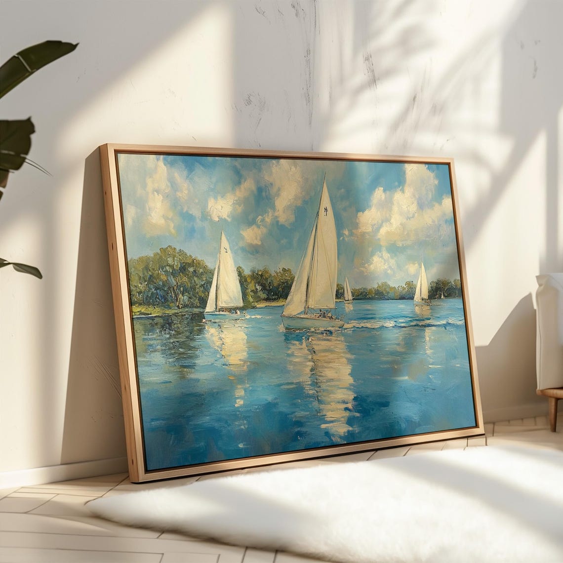 White Sailboats On Blue Lake Under Cloudy Sky Impressionist Poster