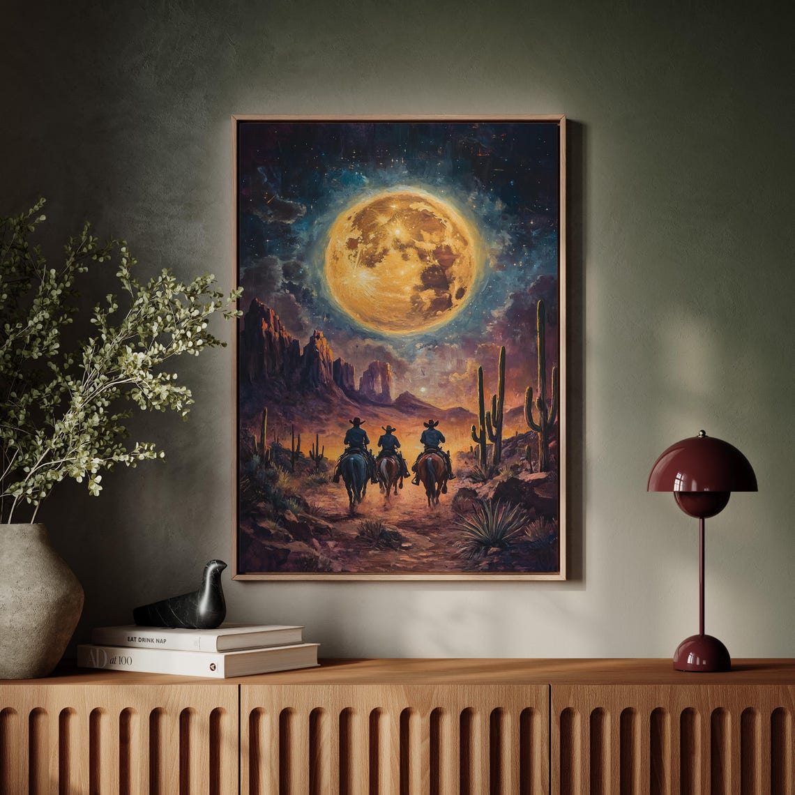 Three Cowboys Riding Toward A Giant Moon Over Desert Mesas Poster - Image 5