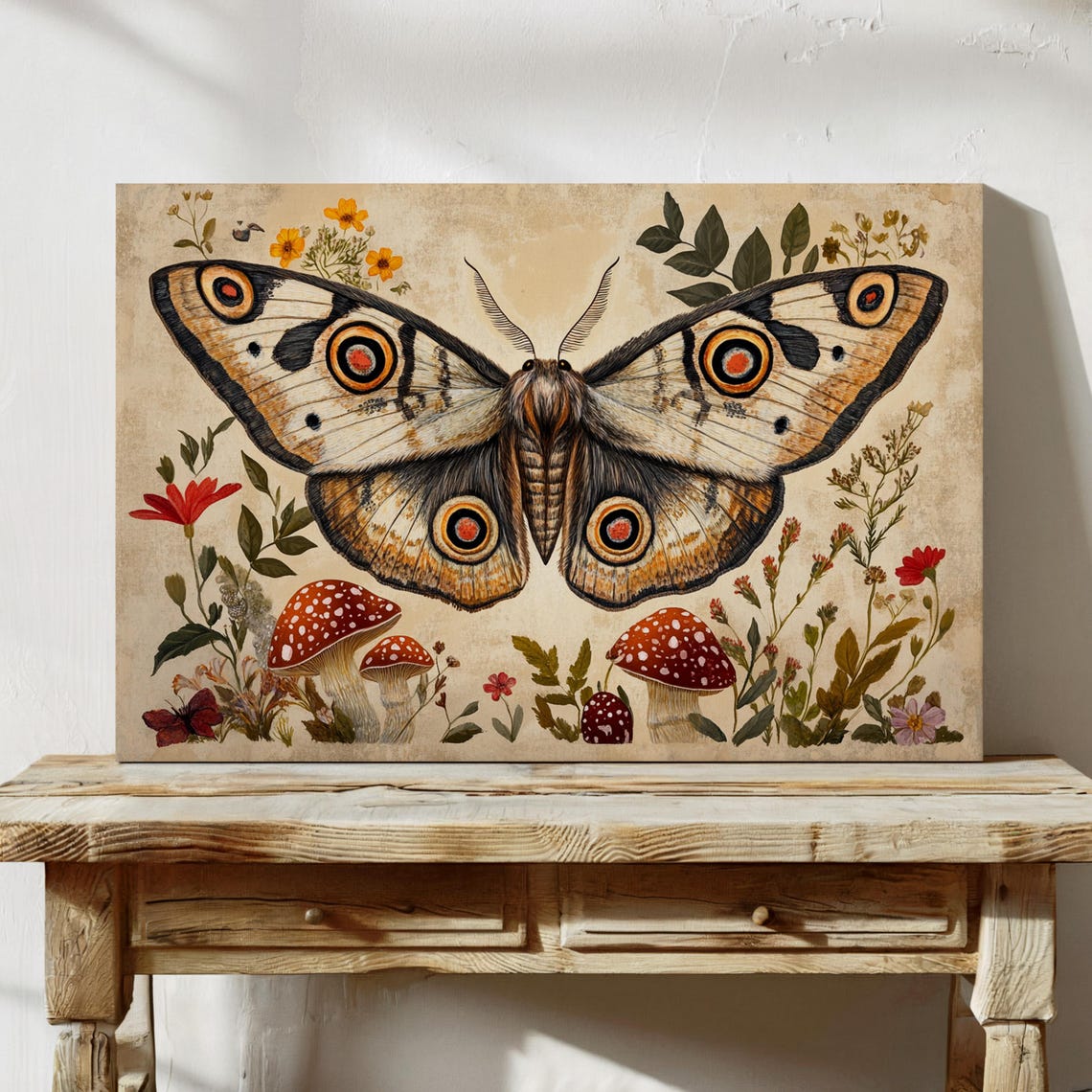 Large Moth With Eyespot Wings Mushrooms Red Florals Vintage Wall Art - Image 4