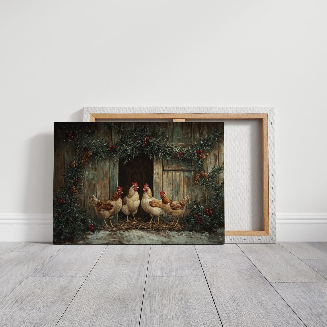 Christmas Hens at a Rustic Barn Door with Holiday Garland Poster - Image 3