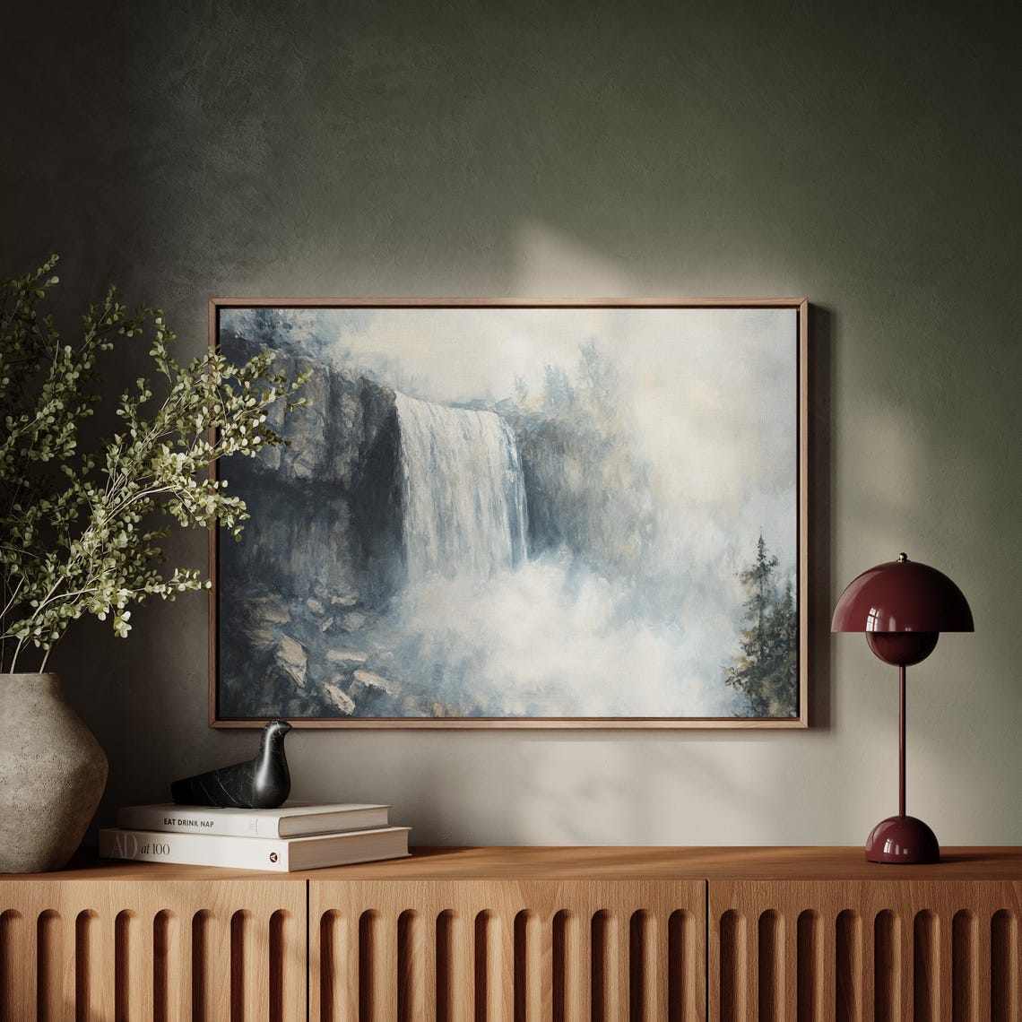 Ethereal Waterfall Misty Landscape Painting Tranquil Nature Wall Art Foggy Forest Print Serene Cascading Waterfall - Image 4