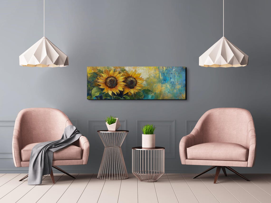 Bold Sunflower Duo Golden Impasto Palette Knife Panoramic Art Poster - Image 4
