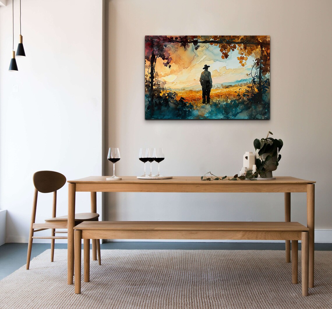 Tuscan Vineyard Sunset Watercolor Lone Figure Landscape Wall Art - Image 3