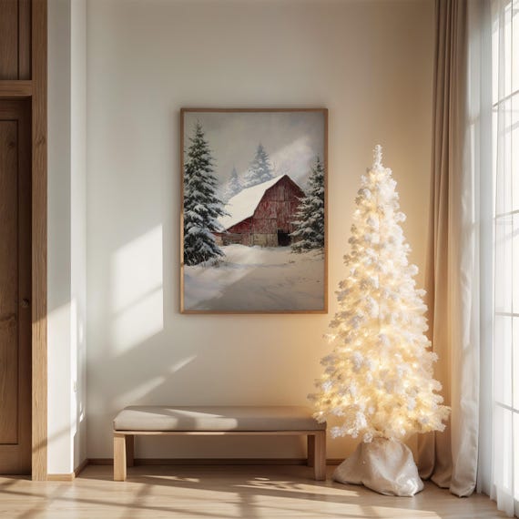 Rustic Red Barn In Snowy Winter Pines