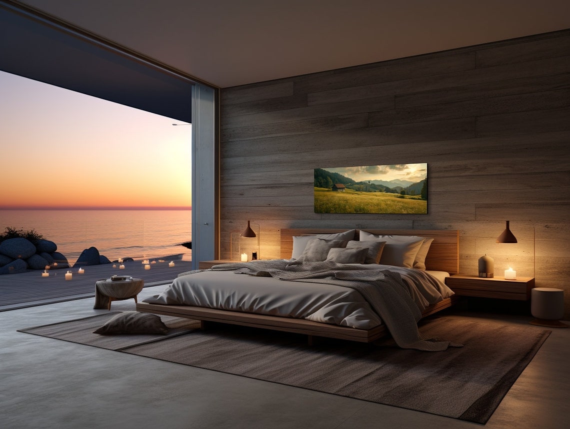 Golden Field with a Wooden Cabin Beneath Mountain Sunset Poster - Image 7