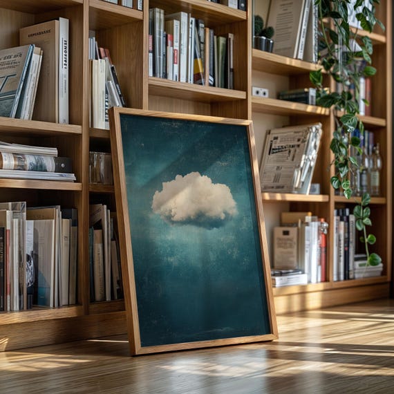 Minimalist Cloud Canvas Wall Art Single White On Teal Blue Sky Modern Surreal Nature Decor For Peaceful And Dreamy Spaces