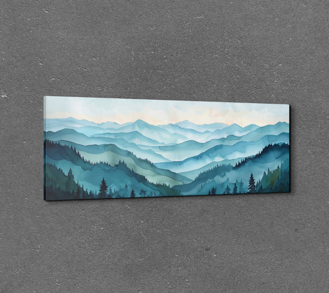 Blue Watercolor Mountain Ranges Misty Panorama Landscape Poster - Image 3