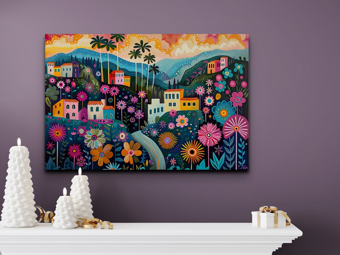 Colorful Mexican Village Flowers Folk Art Vibrant Floral Wall Print - Image 4