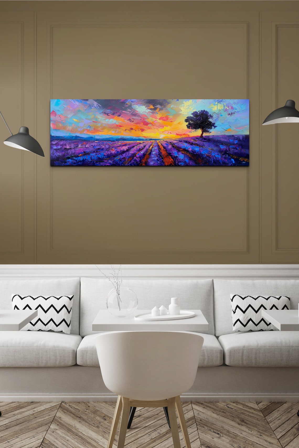 Sunset Over Lavender Field Silhouette Tree Impressionist Art Poster - Image 7
