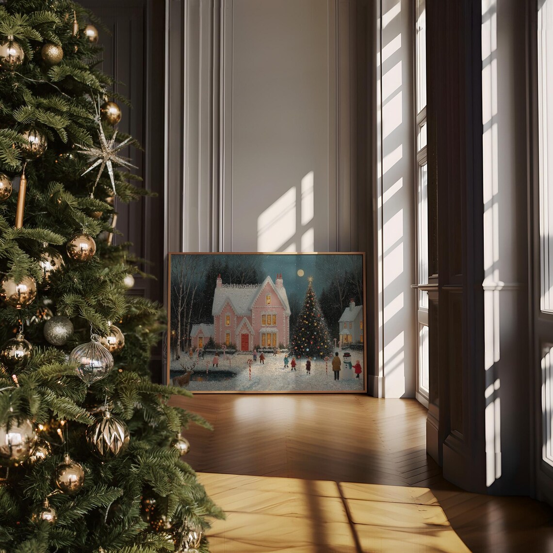 Pink Christmas House Snowy Village Wall Art Holiday Folk Painting