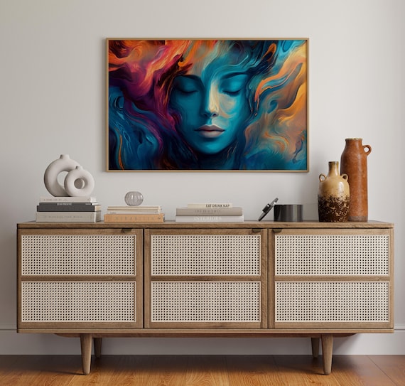 Surreal Blue Woman Portrait Fiery Orange Hair Mystical Art Poster