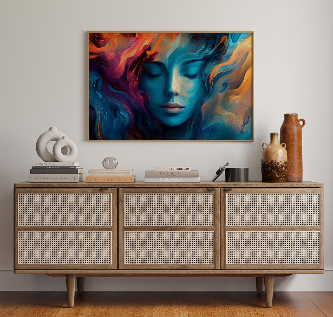 Surreal Blue Woman Portrait Fiery Orange Hair Mystical Art Poster