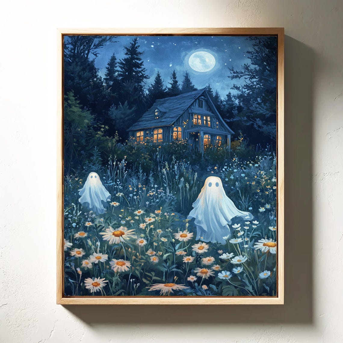 Spooky Ghosts Moonlit Meadow Wildflower Night Haunted House Print - Image 3