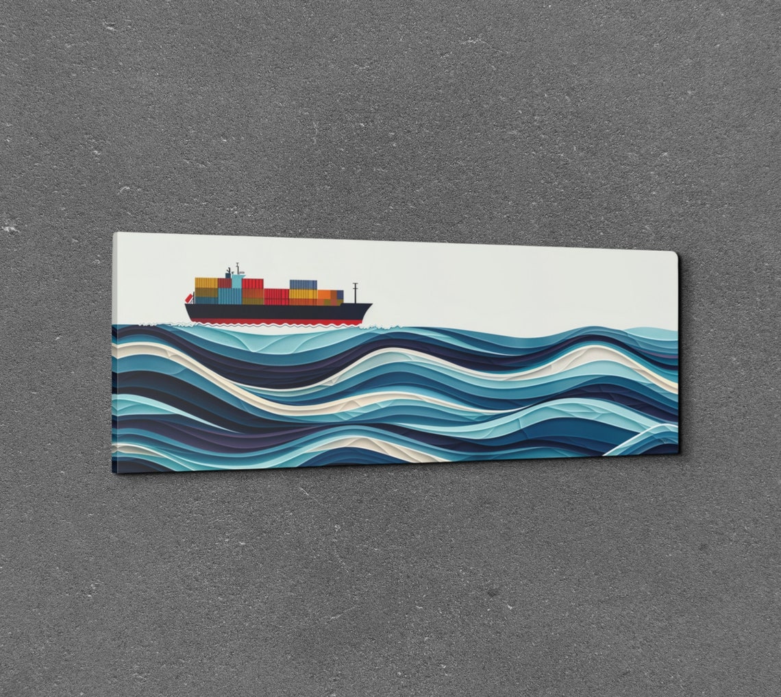 Minimalist Panoramic Cargo Ship On Layered Blue Ocean Waves Poster - Image 3