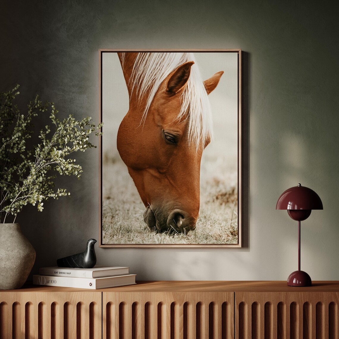 Chestnut Horse Blonde Mane Grazing Closeup Farm Photography Poster