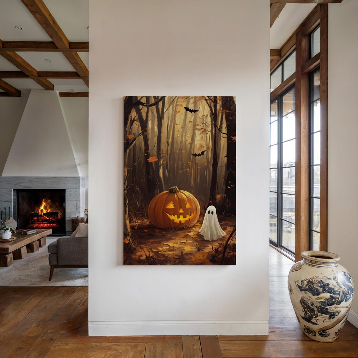 Jack O Lantern And Ghost In Autumn Forest With Bats Halloween Poster - Image 2