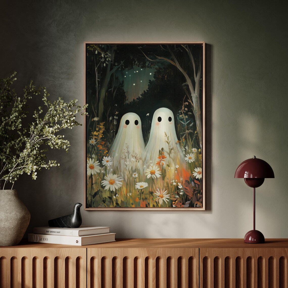 Two Cute Ghosts with Blush Cheeks Among Daisies in Dark Starry Forest Poster - Image 3