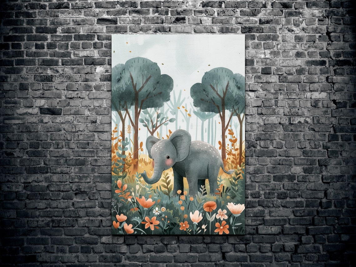 Cute Baby Elephant Watercolor Forest Nursery Kids Room Wall Art - Image 2