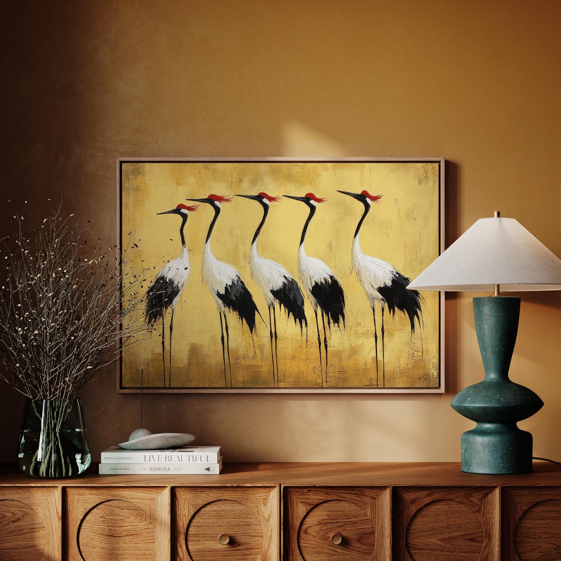 Elegant Red Crowned Cranes On Gold Minimalist Asian Style Poster - Image 4