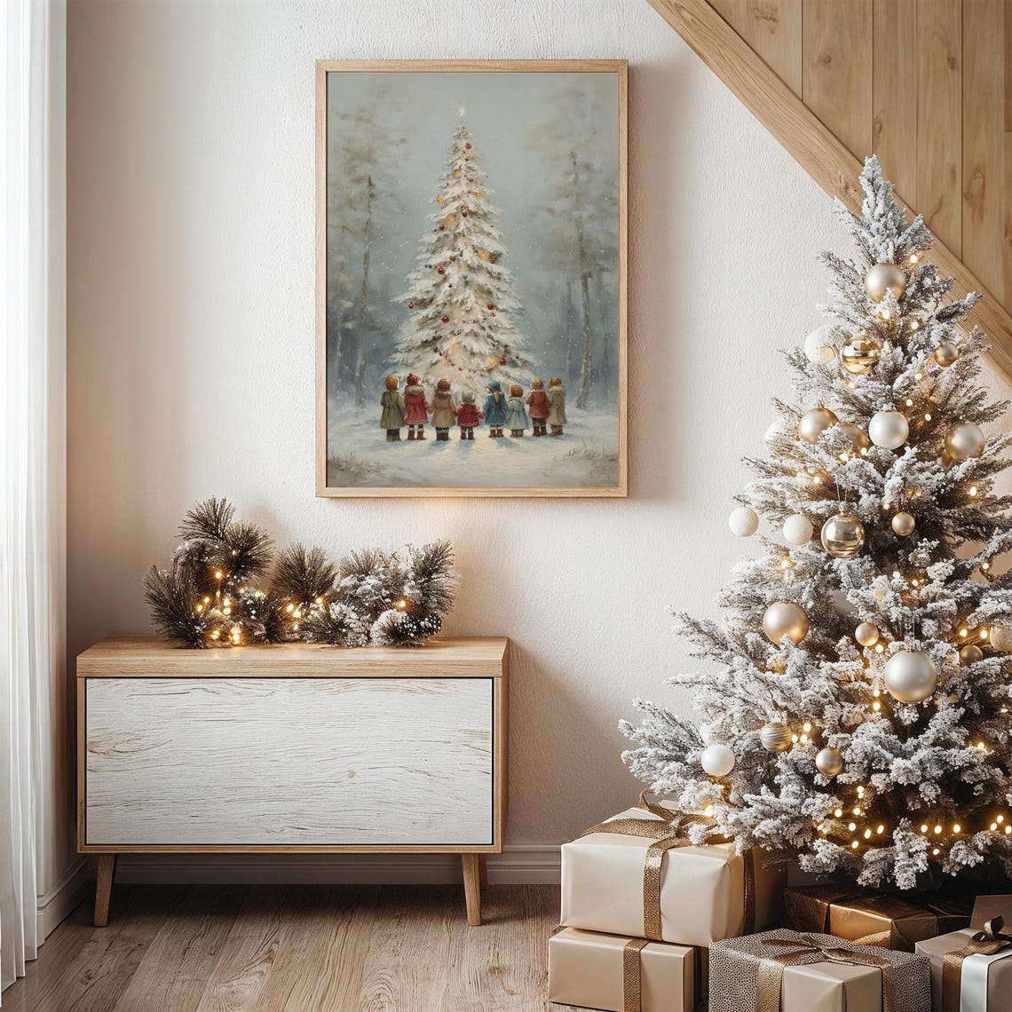 Children Gathered Around Snowy Christmas Tree Vintage Style Poster