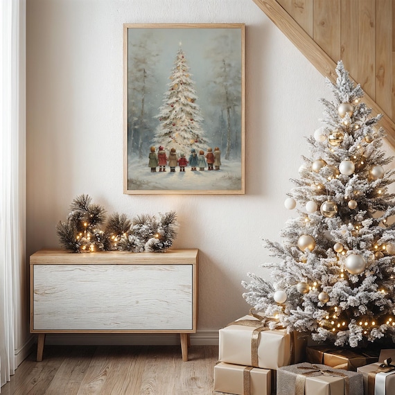 Children Gathered Around Snowy Christmas Tree Vintage Style Poster
