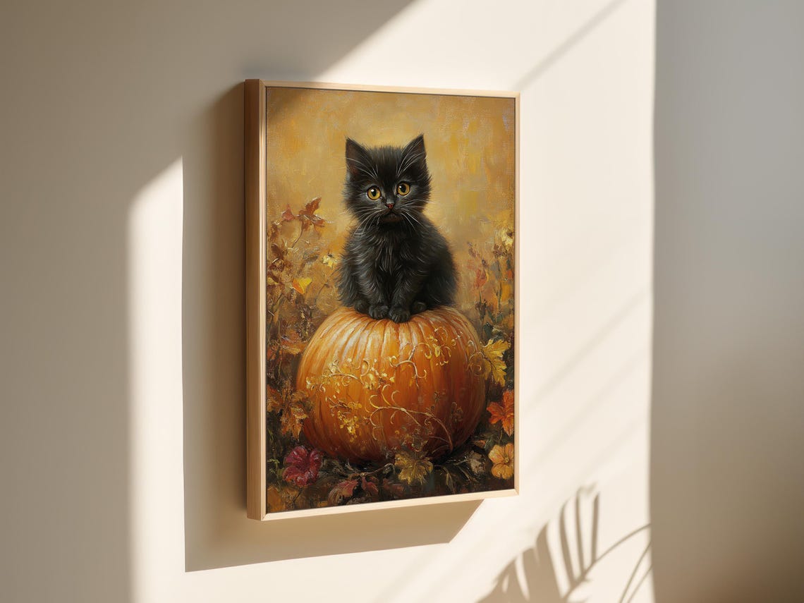 Adorable Black Kitten On Pumpkin Autumn Fall Cozy Cat Wall Art