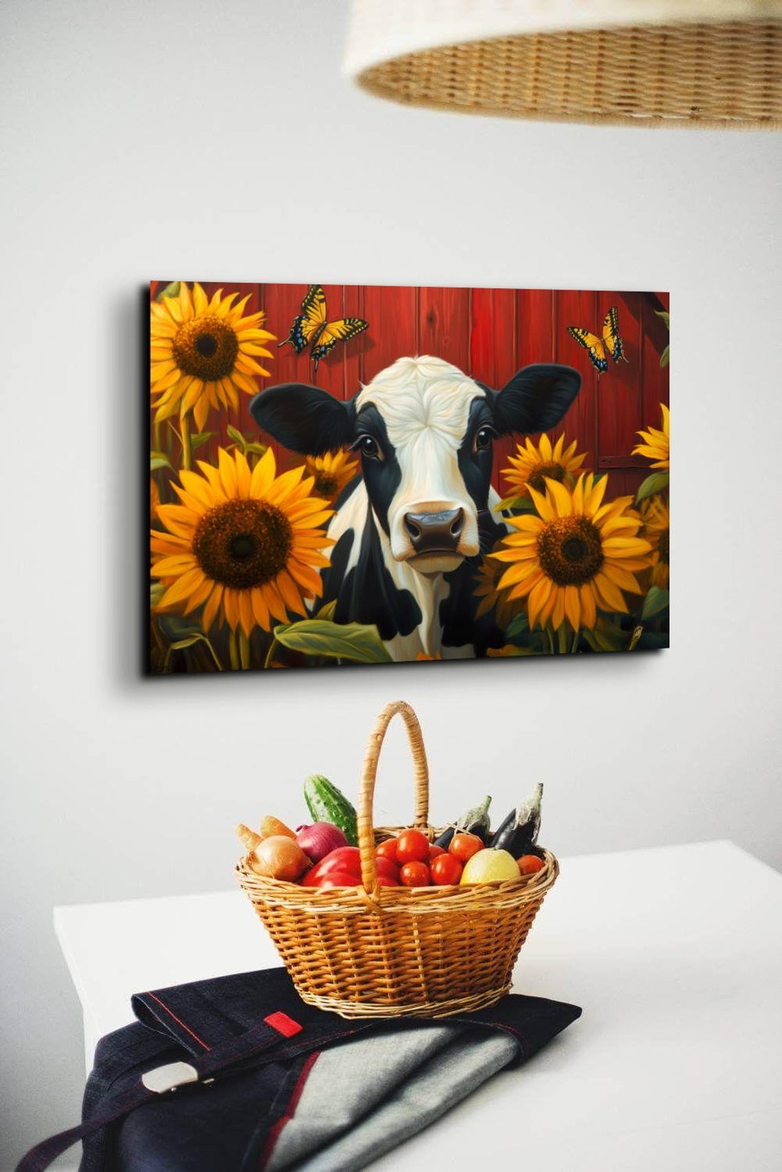 Cow Face Among Sunflowers by Red Barn Butterflies Farm Wall Poster - Image 5