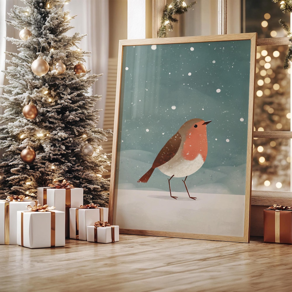 Whimsical Winter Robin In Snowfall, Art Print