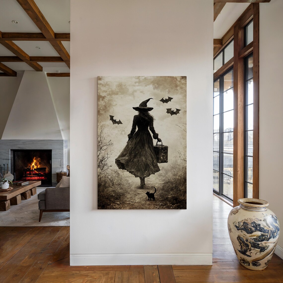 Traveling Witch Silhouette With Black Cat Bats Vintage Sepia Halloween Print - Image 2