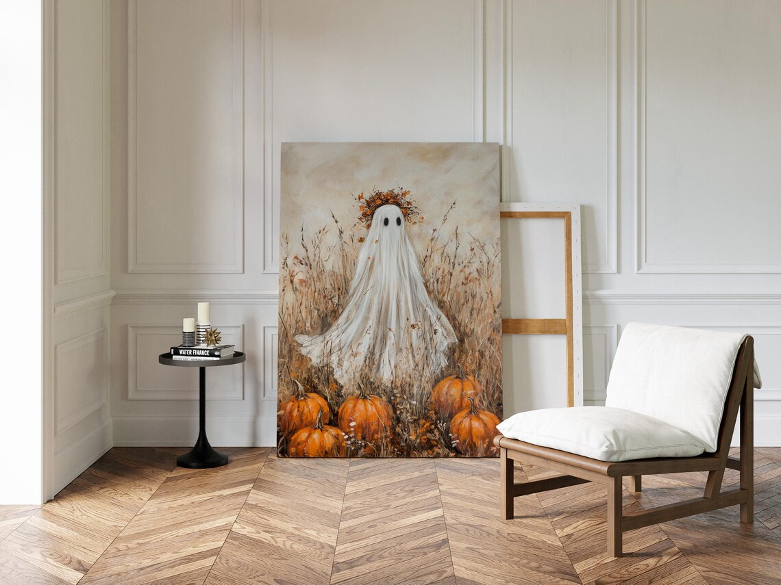 Ghost In Autumn Pumpkin Patch, Rustic Fall Halloween - Image 2