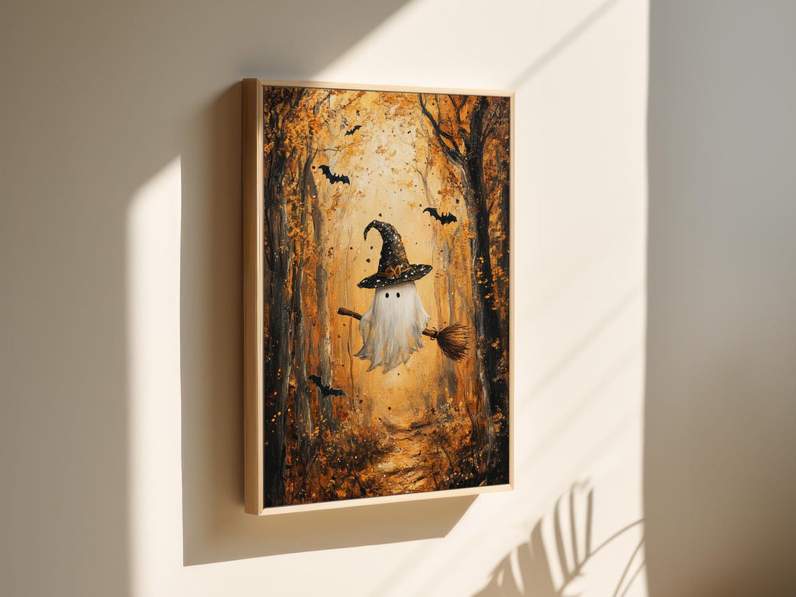 Halloween Ghost Witch Hat Broom Spooky Cute Fall Forest Art Print