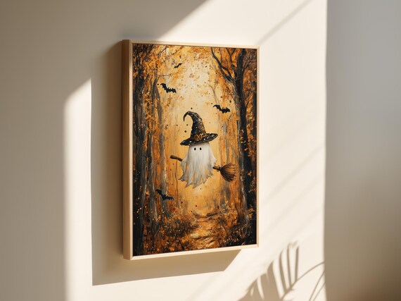 Halloween Ghost Witch Hat Broom Spooky Cute Fall Forest Art Print
