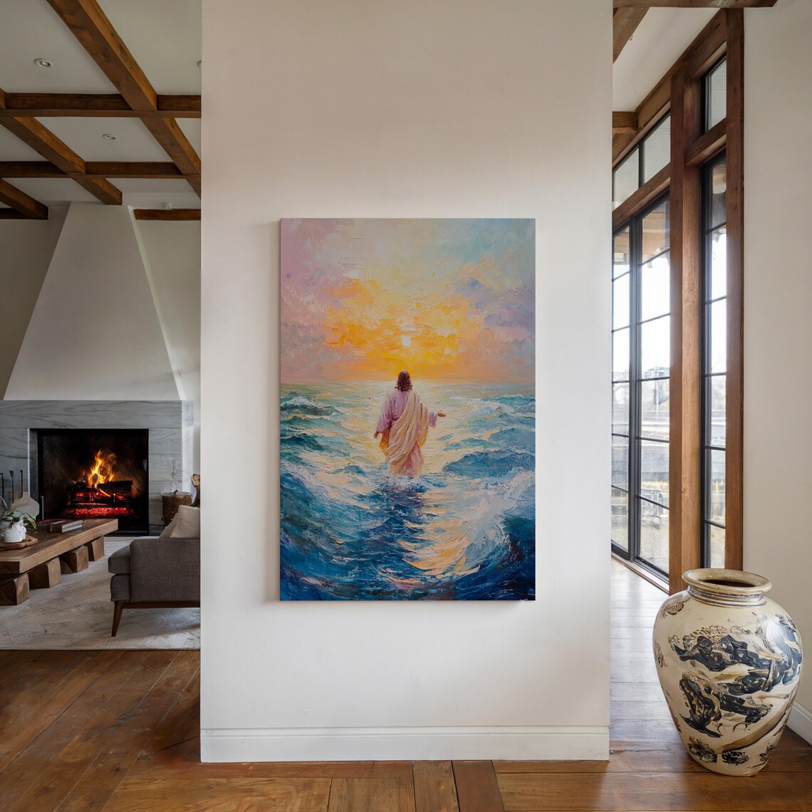 Jesus Walking On Water Sunset Ocean Christian Faith Art Poster - Image 3