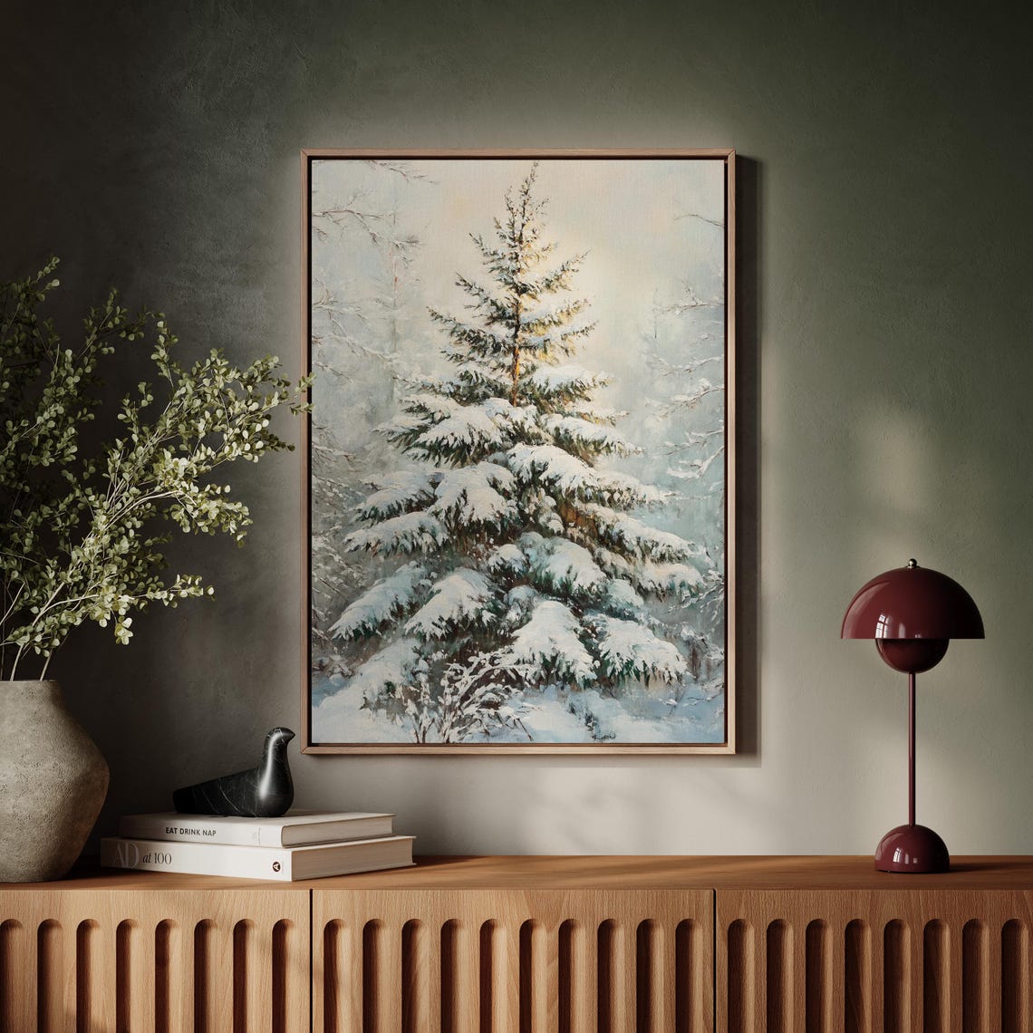 Serene Snow Covered Pine Tree Winter Woodland Landscape Art Print - Image 5