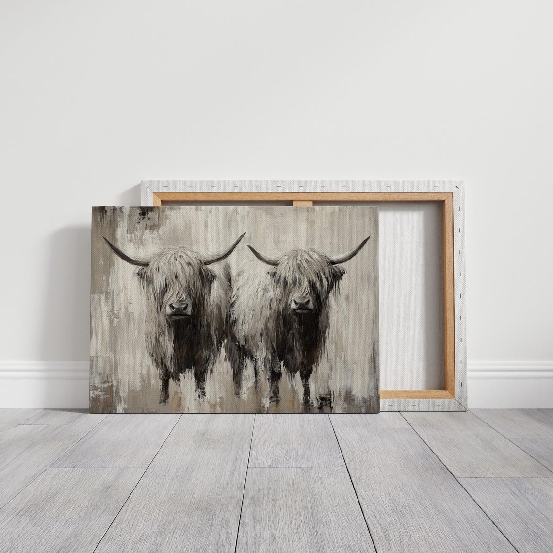 Highland Cows Pair Rustic Farmhouse Beige Oil Painting Poster - Image 3
