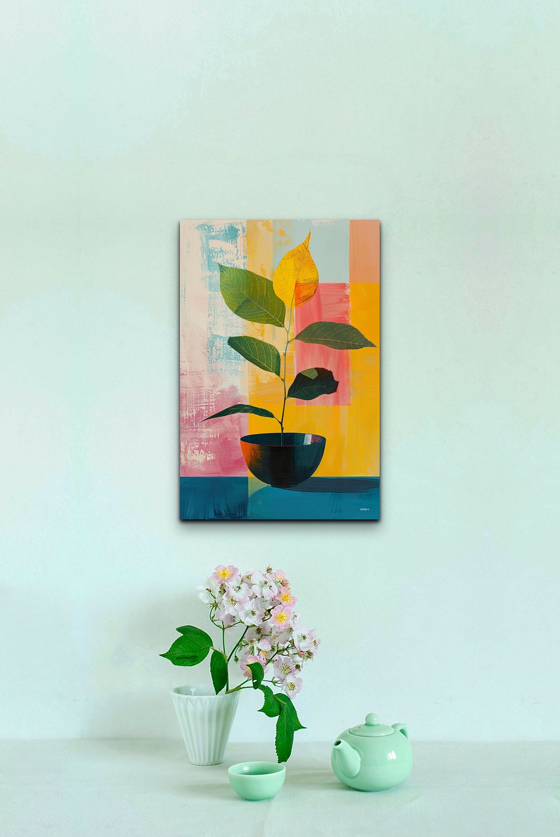 Potted Green Plant Colorful Block Background Modern Still Life Poster - Image 4
